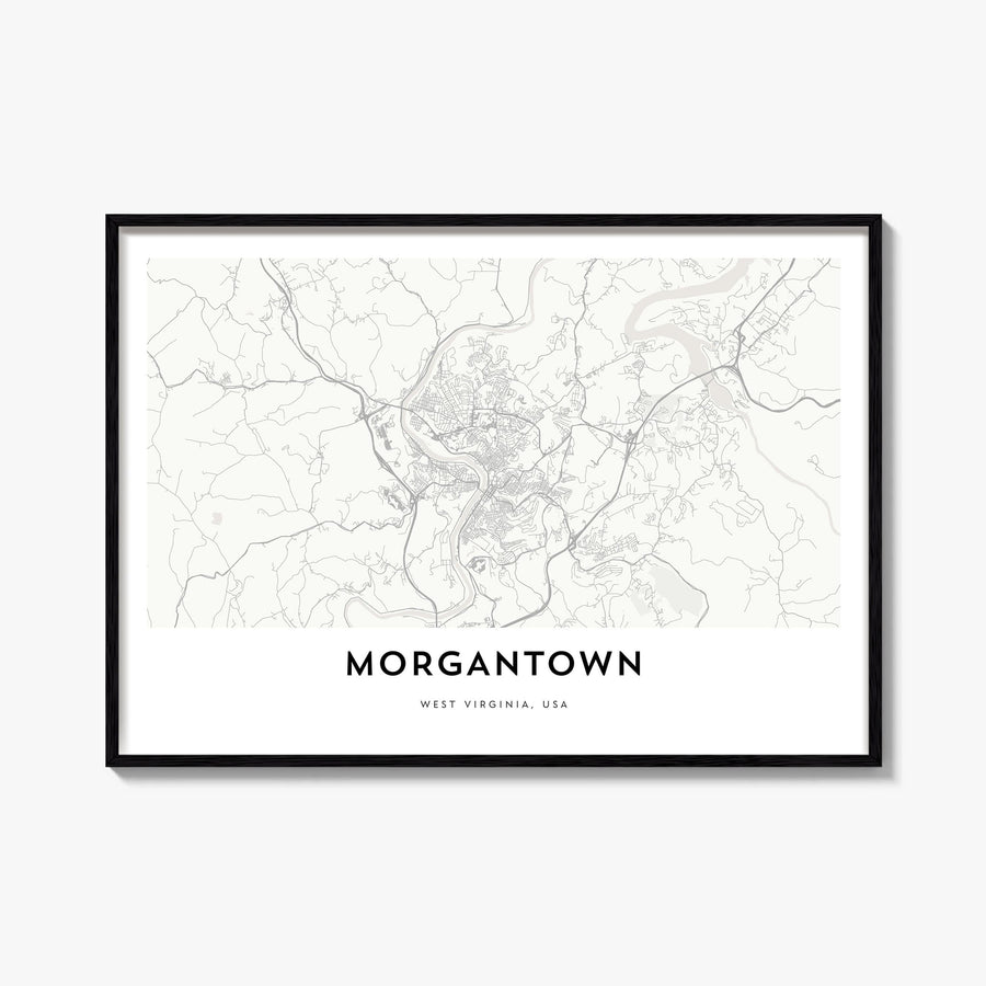 Morgantown black & white map poster of West Virginia, USA – horizontal wall art, unframed print shown in interior mockup