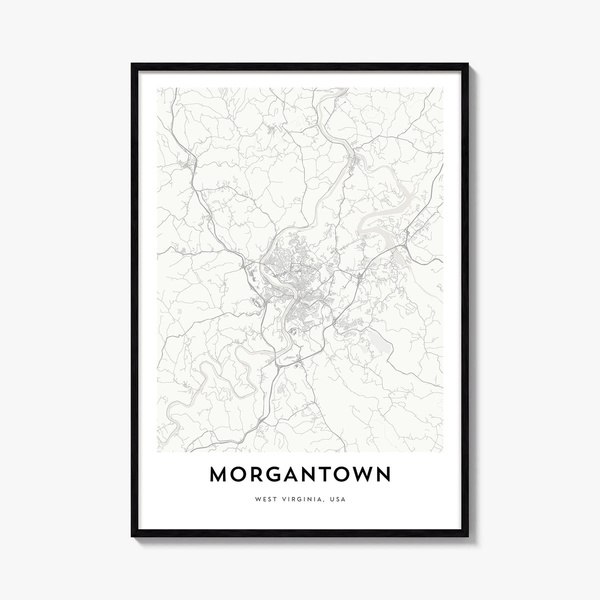 Morgantown black & white map poster of West Virginia, USA – vertical wall art, unframed print shown in interior mockup