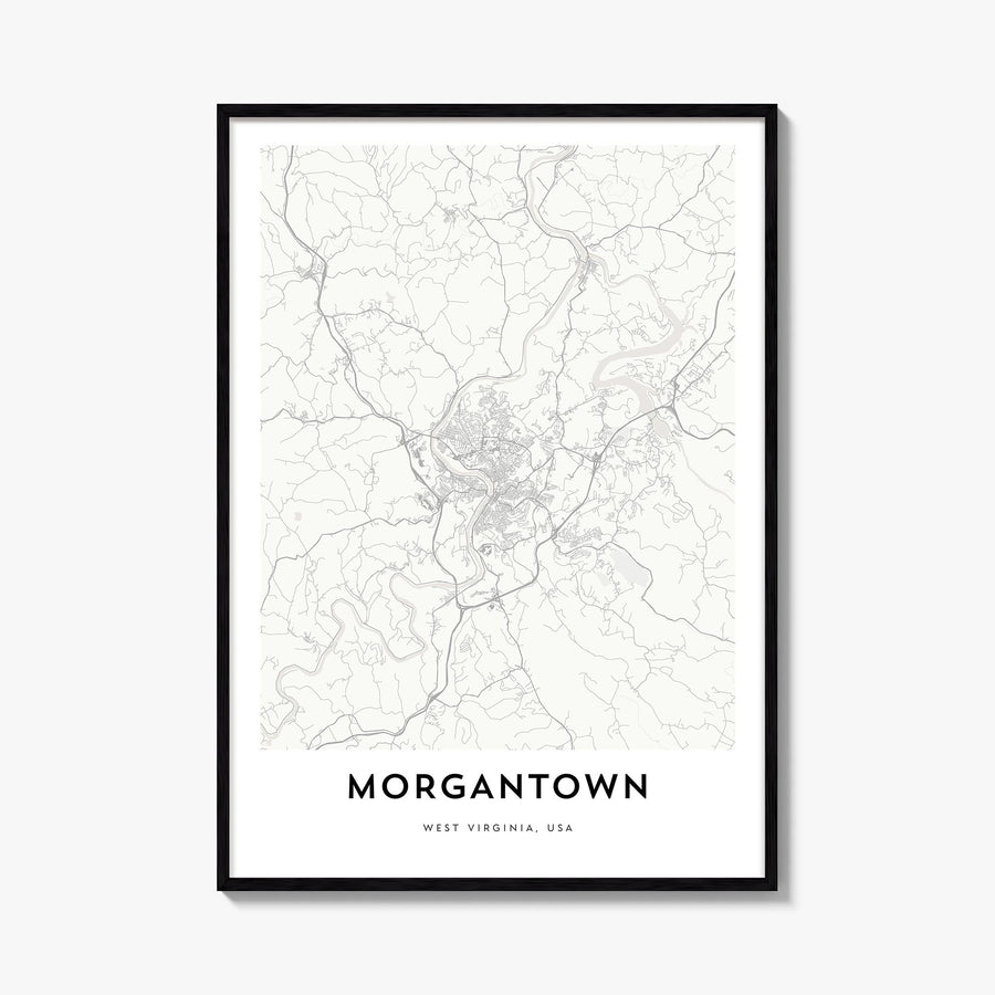 Morgantown black & white map poster of West Virginia, USA – vertical wall art, unframed print shown in interior mockup