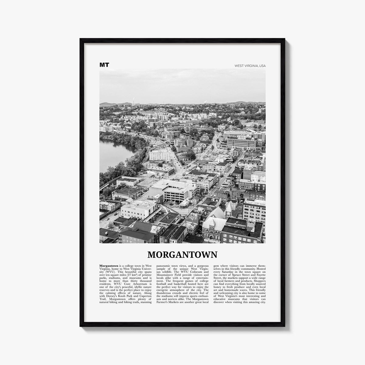 Morgantown black & white newspaper poster of West Virginia, USA – vertical wall art, unframed print shown in interior mockup