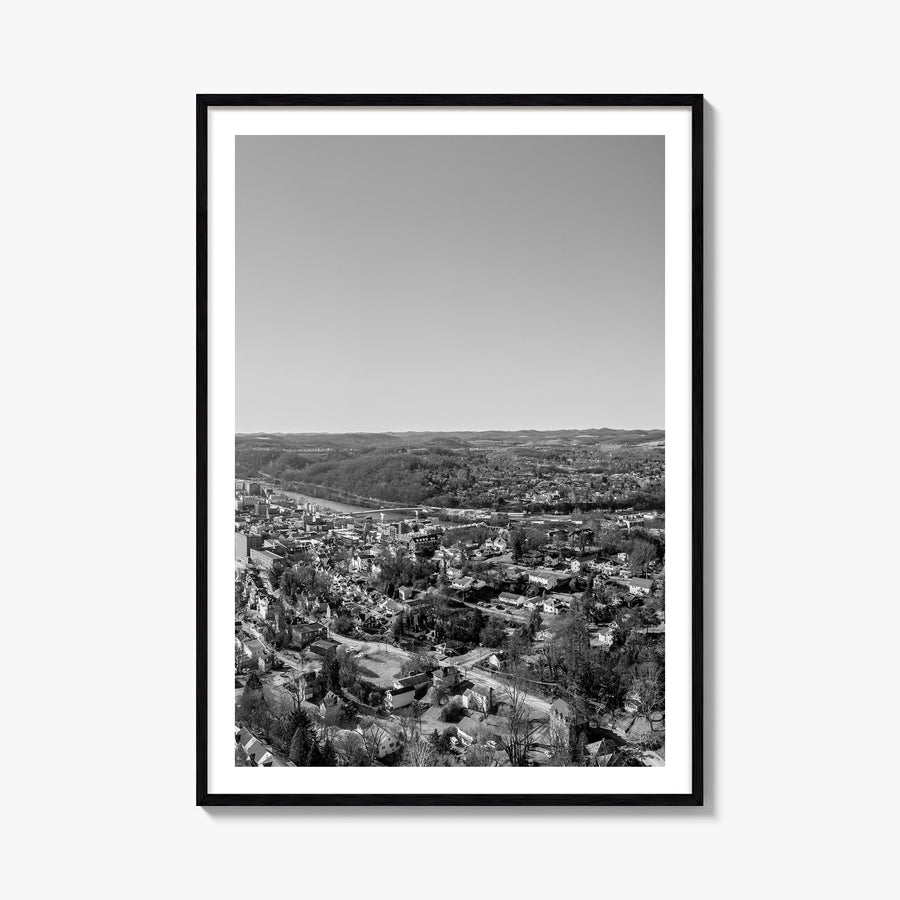 Morgantown black & white photo poster of West Virginia, USA – vertical wall art, unframed print shown in interior mockup