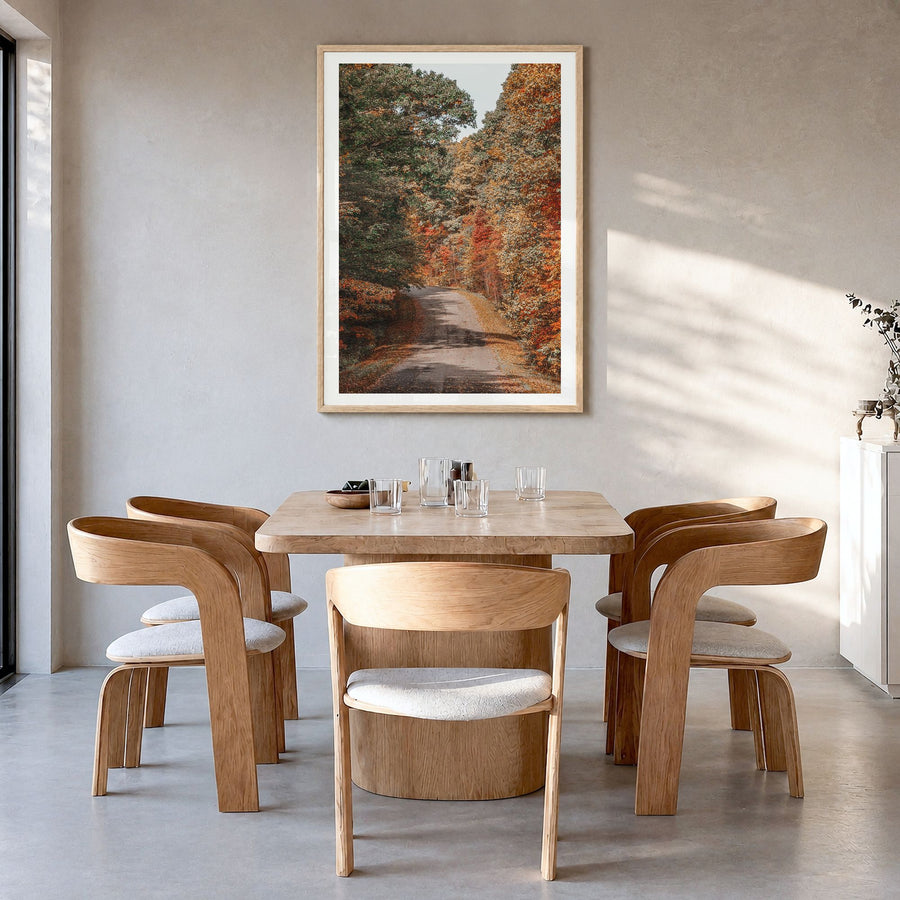 Morgantown Photo Poster in a natural wood frame, hanging in a dining room, white border