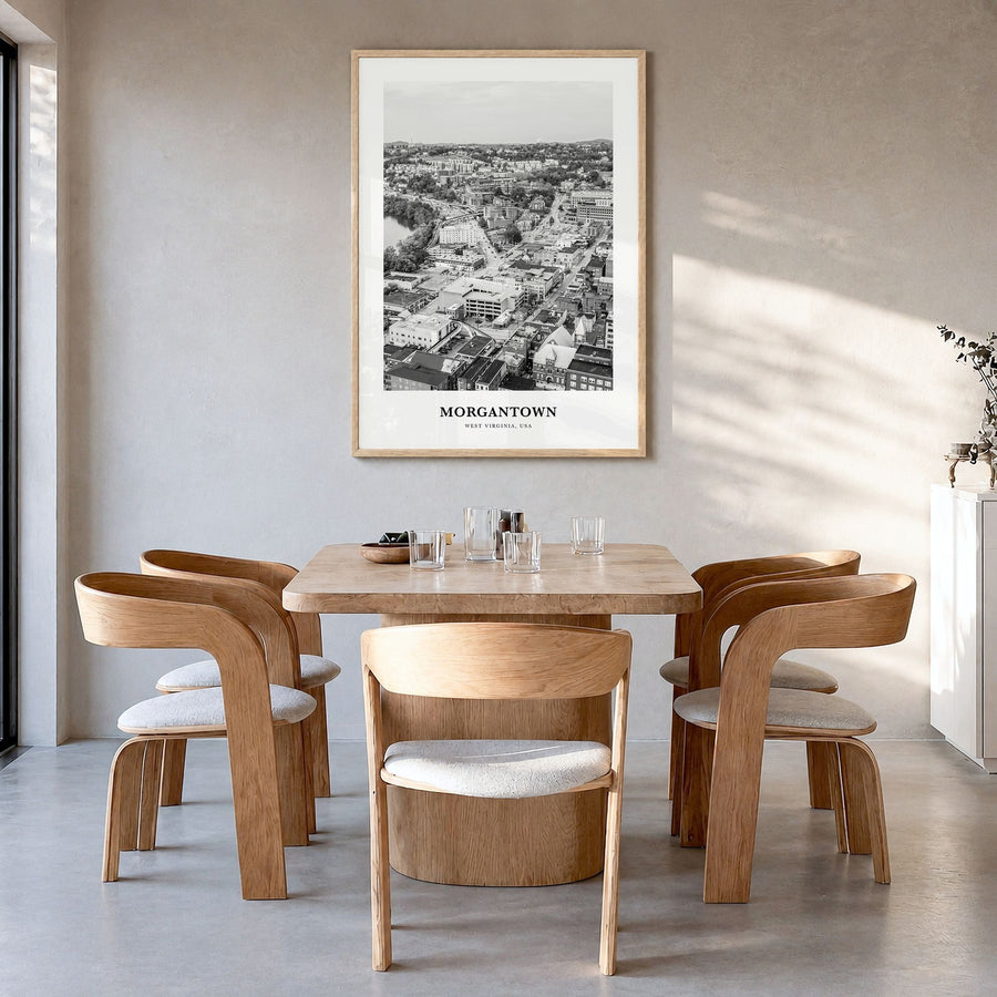 Morgantown Classic Poster in a natural wood frame, hanging in a dining room