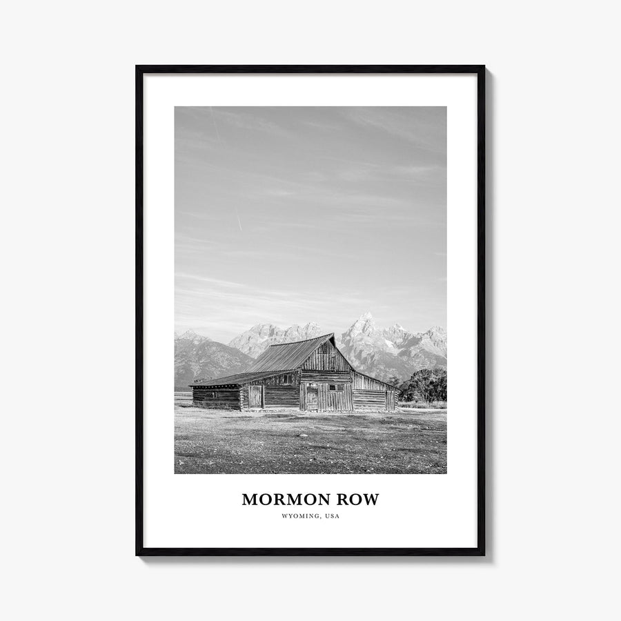Mormon Row black & white classic poster of Wyoming, USA – vertical wall art, unframed print shown in interior mockup