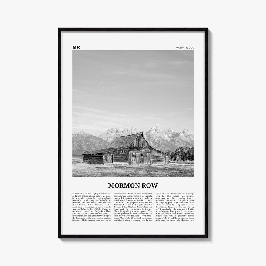 Mormon Row black & white newspaper poster of Wyoming, USA – vertical wall art, unframed print shown in interior mockup