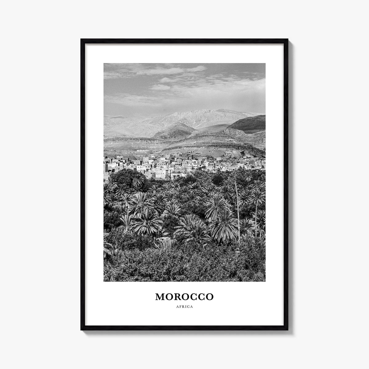 Morocco black & white classic poster of Africa – vertical wall art, unframed print shown in interior mockup