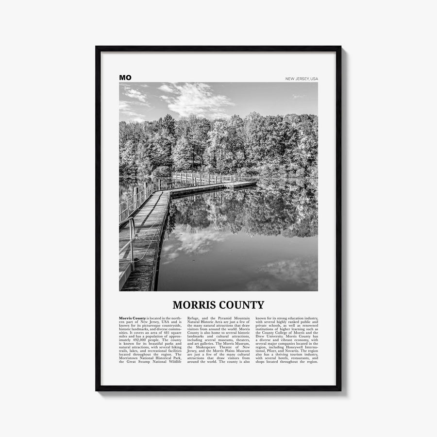 Morris County black & white newspaper poster of New Jersey, USA – vertical wall art, unframed print shown in interior mockup