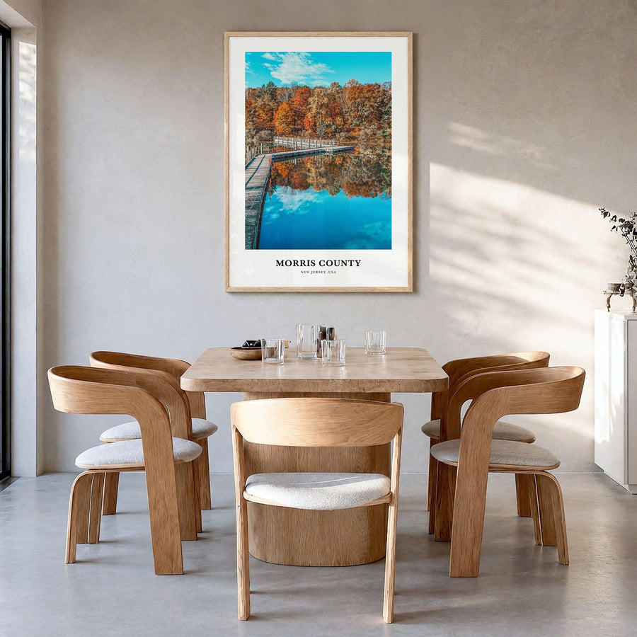 Morris County Classic Poster in a natural wood frame, hanging in a dining room