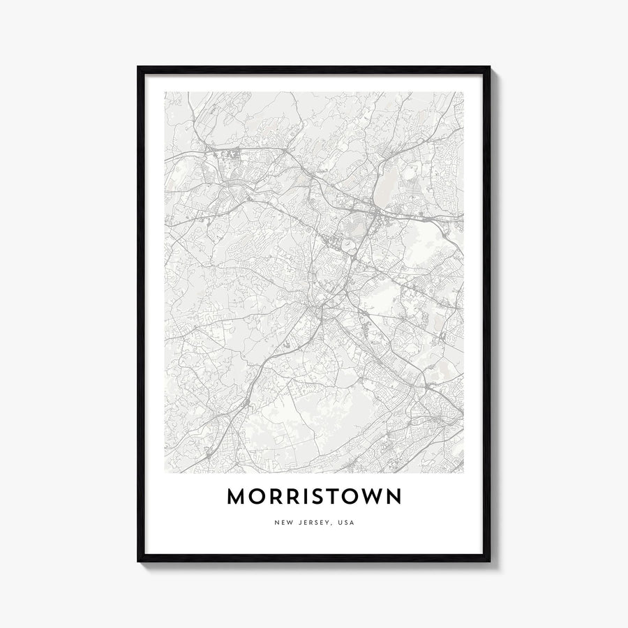 Morristown black & white map poster of New Jersey, USA – vertical wall art, unframed print shown in interior mockup