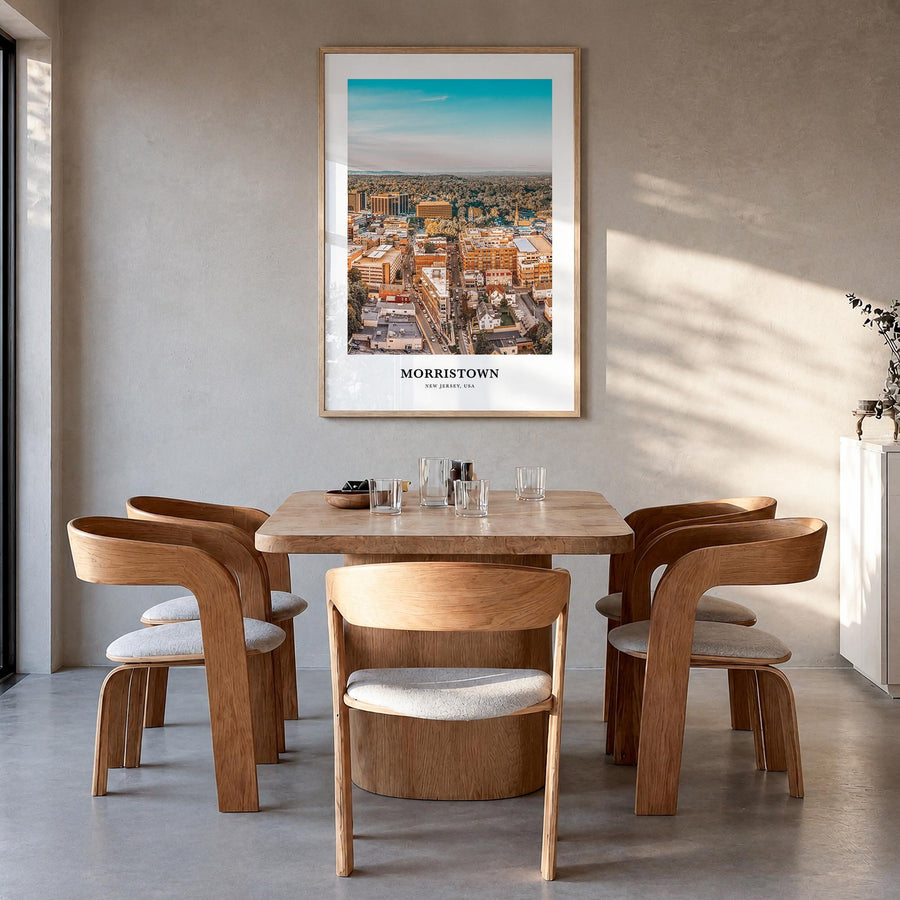 Morristown colorful classic poster of New Jersey, USA – vertical wall art in natural wood frame, hanging on wall
