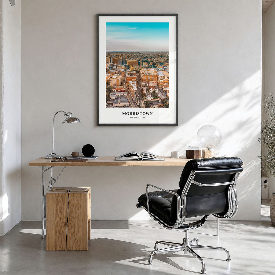 Morristown Classic Poster in a black wood frame, hanging in a bright home office