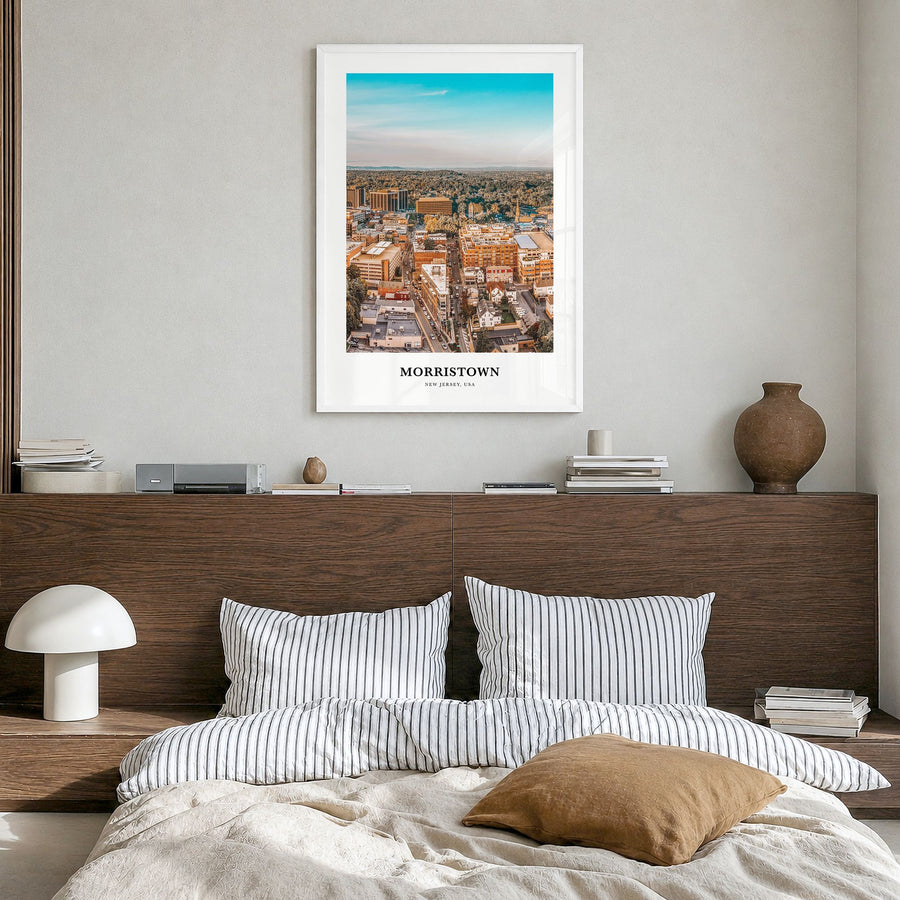 Morristown Classic Poster in a white wood frame, hanging in a bedroom
