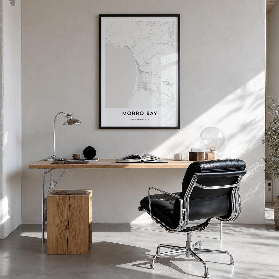 Morro Bay black & white map poster of California, USA – vertical wall art in black wood frame, hanging on wall