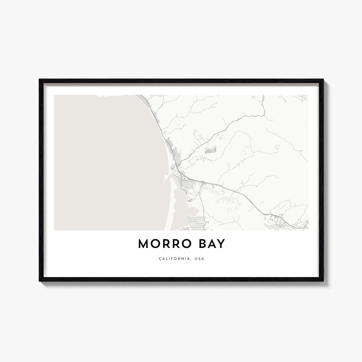 Morro Bay black & white map poster of California, USA – horizontal wall art, unframed print shown in interior mockup