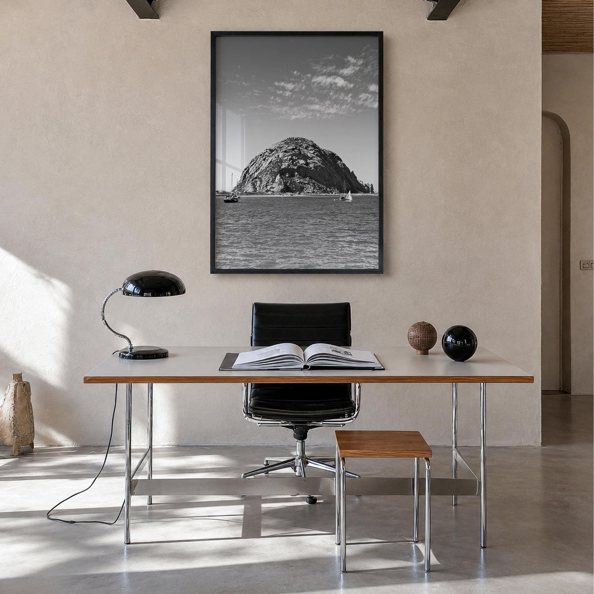 Morro Bay black & white photo poster of California, USA – vertical wall art in black wood frame, hanging on wall