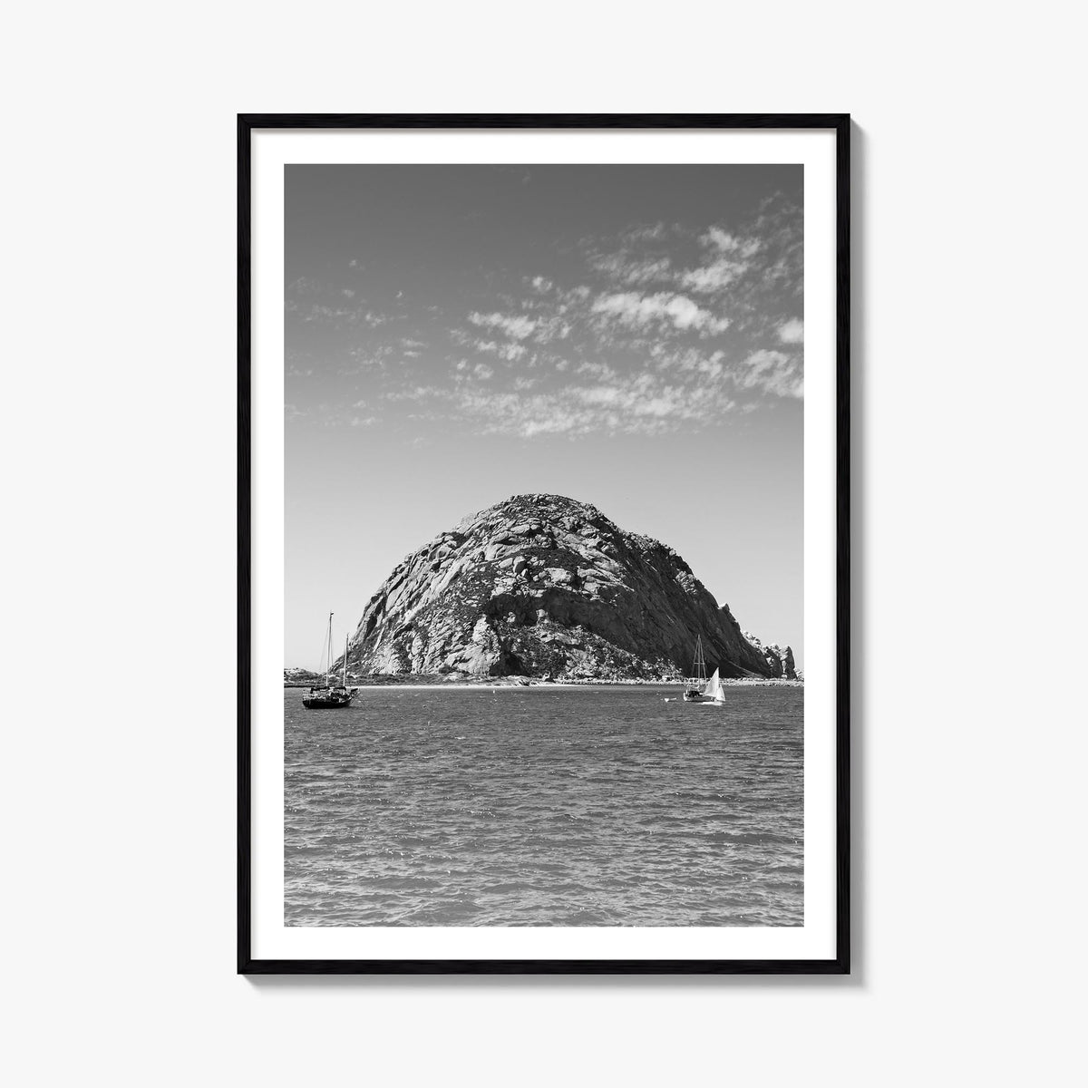 Morro Bay black & white photo poster of California, USA – vertical wall art, unframed print shown in interior mockup