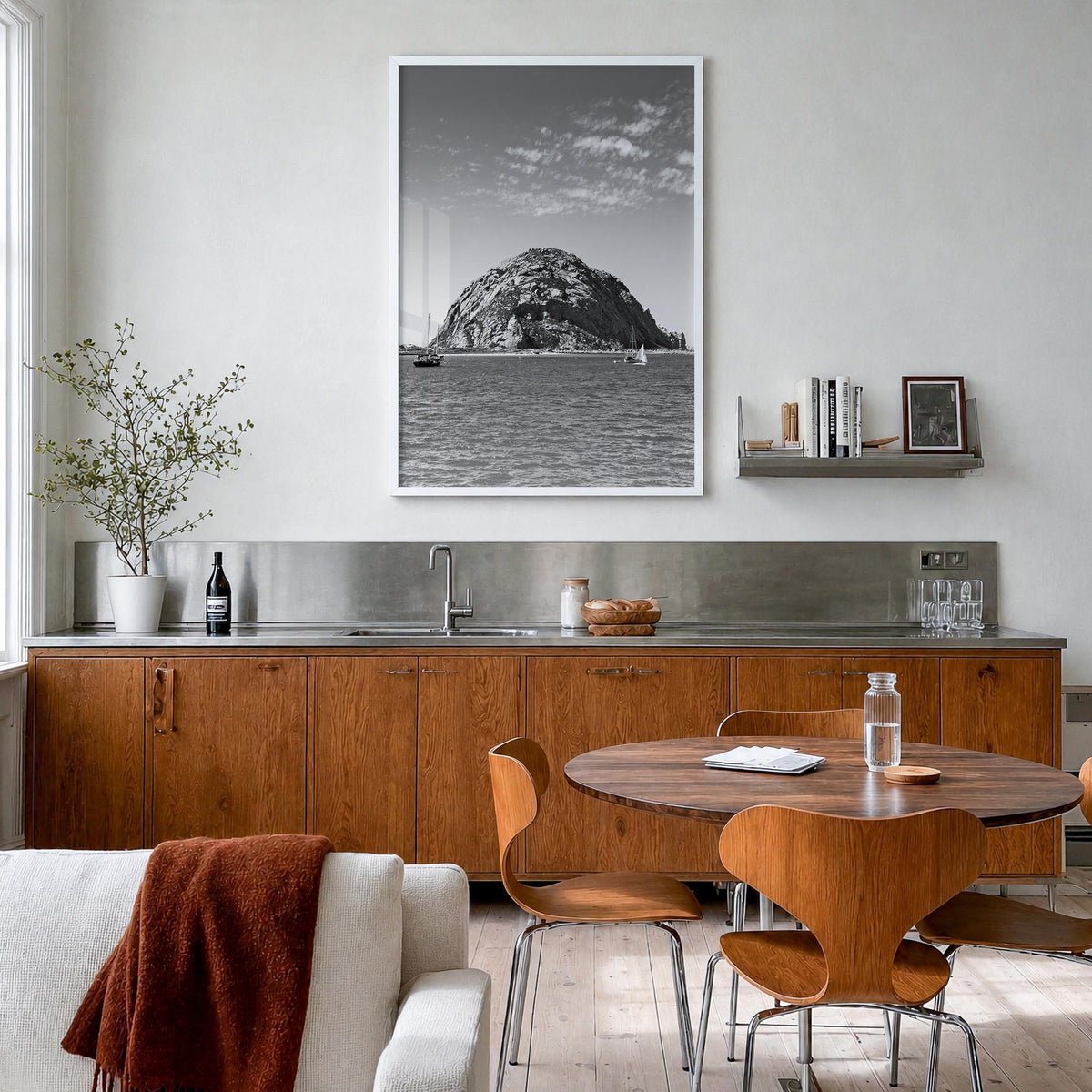 Morro Bay black & white photo poster of California, USA – vertical wall art in white wood frame, hanging on wall