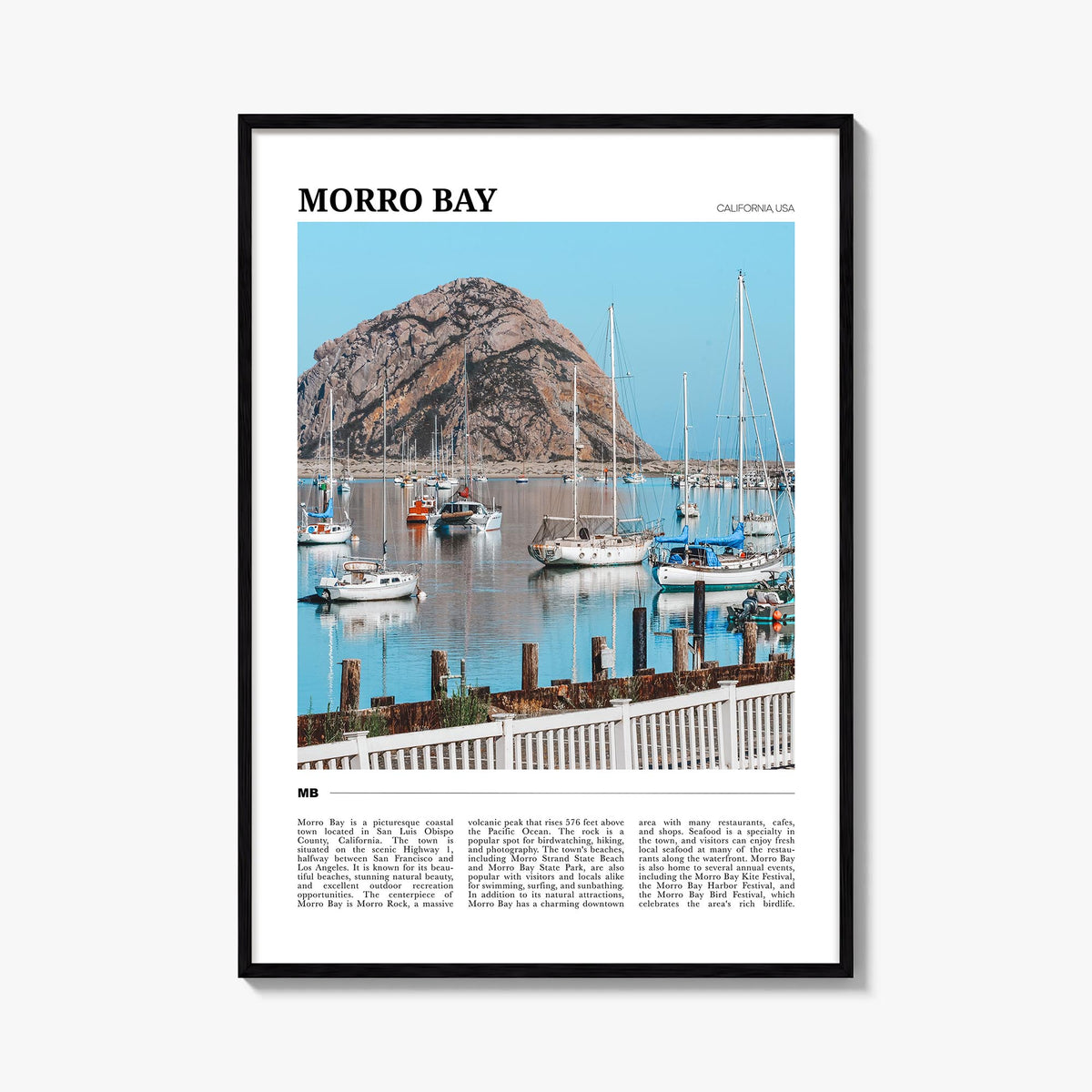 Morro Bay colorful travel poster of California, USA – vertical wall art, unframed print shown in interior mockup