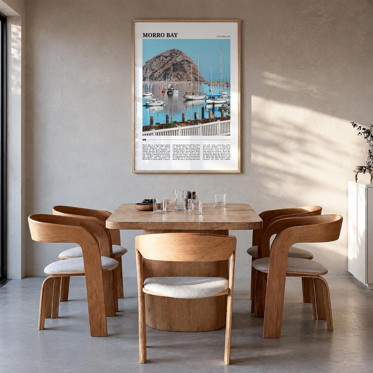 Morro Bay colorful travel poster of California, USA – vertical wall art in natural wood frame, hanging on wall