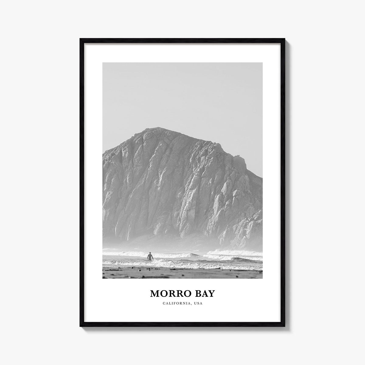 Morro Bay no. 1 black & white classic poster of California, USA – vertical wall art, unframed print shown in interior mockup
