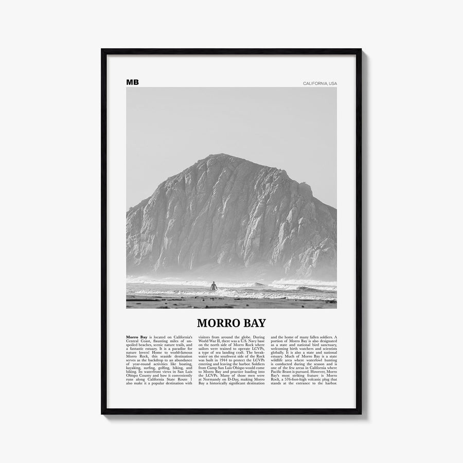 Morro Bay no. 1 black & white newspaper poster of California, USA – vertical wall art, unframed print shown in interior mocku