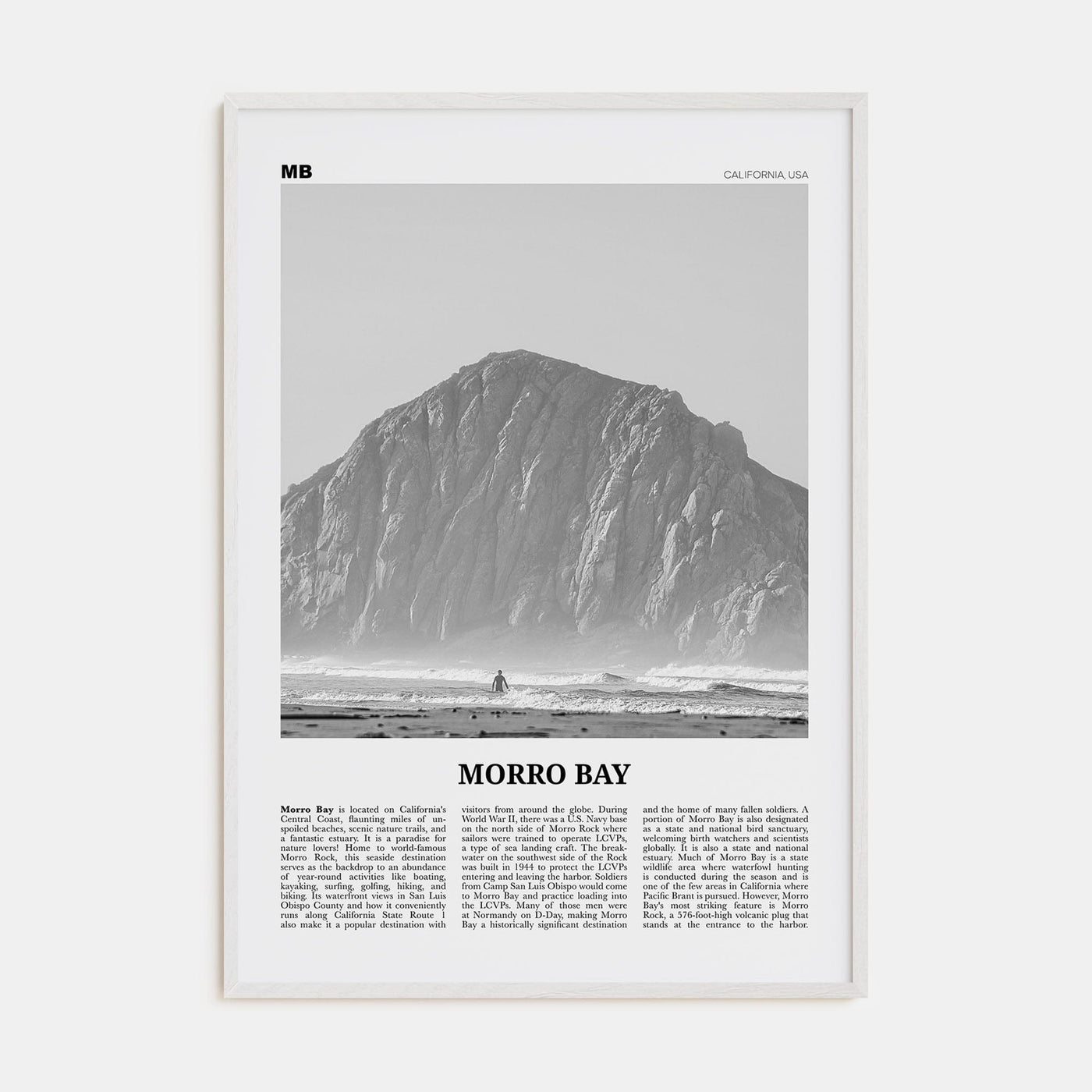 Morro Bay No 1 Poster White Wood / 8x12 in Nbourhood Travel B&W Poster