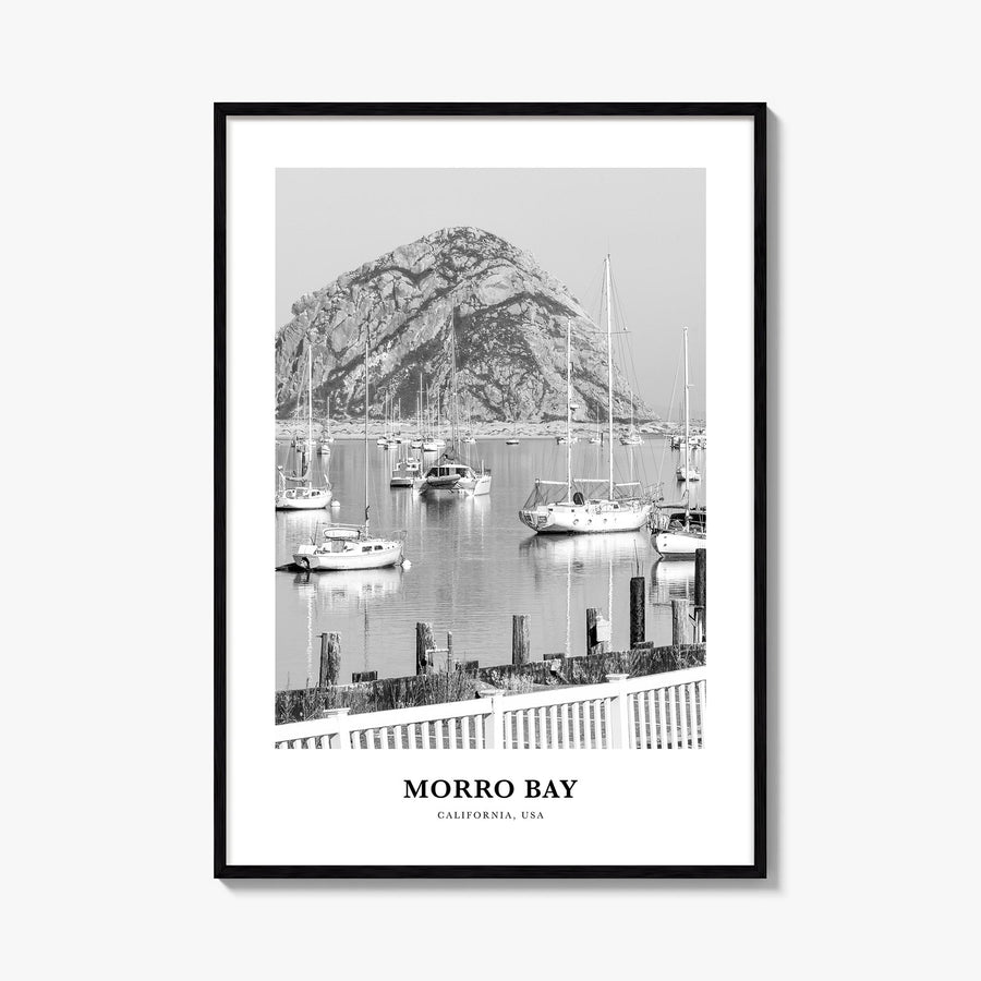 Morro Bay no. 2 black & white classic poster of California, USA – vertical wall art, unframed print shown in interior mockup