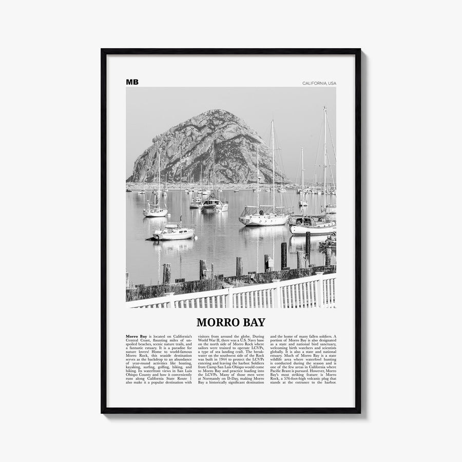 Morro Bay no. 2 black & white newspaper poster of California, USA – vertical wall art, unframed print shown in interior mocku
