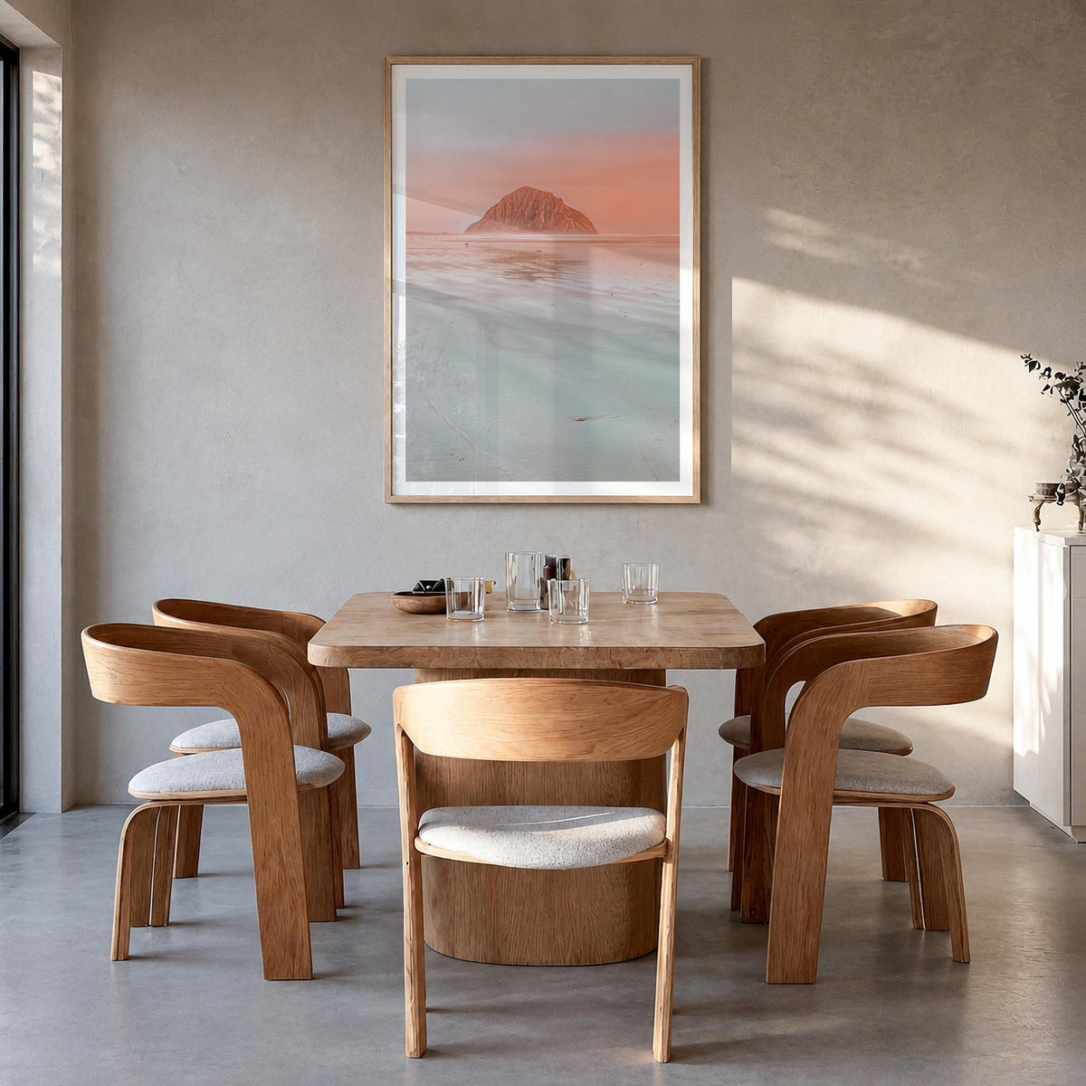 Morro Bay no. 1 colorful photo poster of California, USA – vertical wall art in natural wood frame with white border, hanging