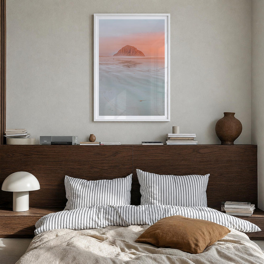 Morro Bay no. 1 colorful photo poster of California, USA – vertical wall art in white wood frame with white border, hanging o