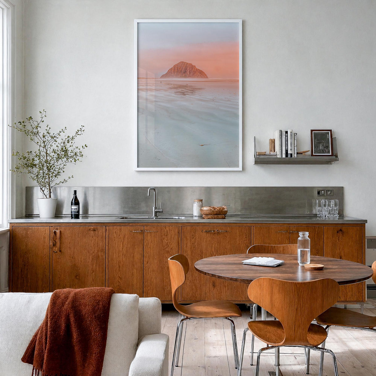 Morro Bay no. 1 colorful photo poster of California, USA – vertical wall art in white wood frame, hanging on wall