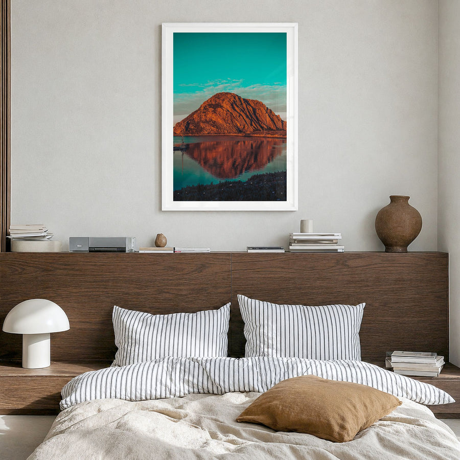Morro Bay Photo No 1 Poster in a white wood frame, hanging in a bedroom, white border