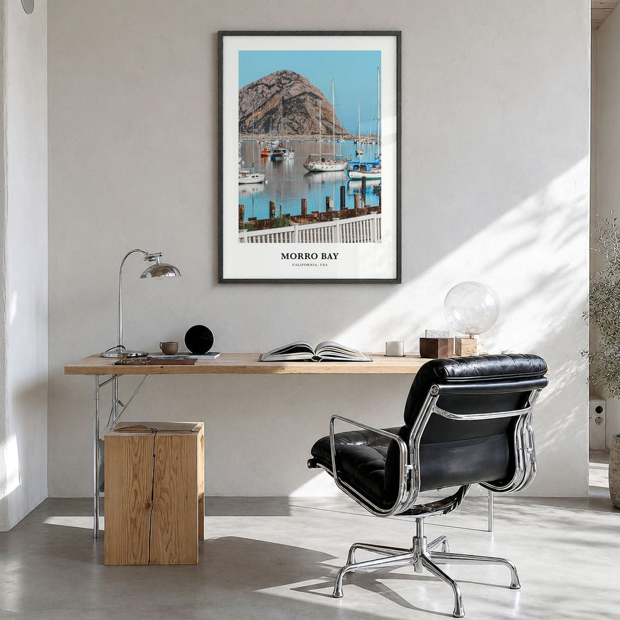 Morro Bay Classic Poster in a black wood frame, hanging in a bright home office