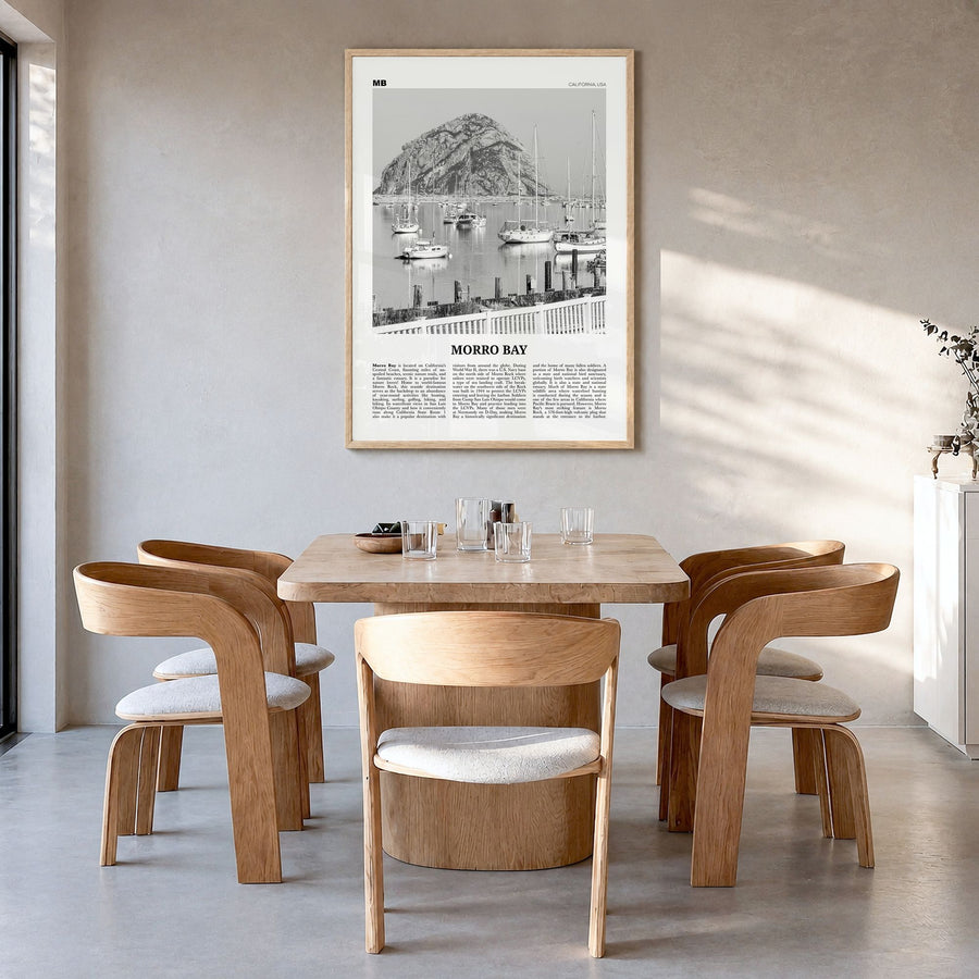 Morro Bay Newspaper No 2 Poster in a natural wood frame, hanging in a dining room