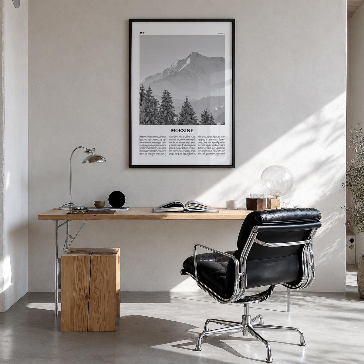 Morzine black & white newspaper poster of France – vertical wall art in black wood frame, hanging on wall