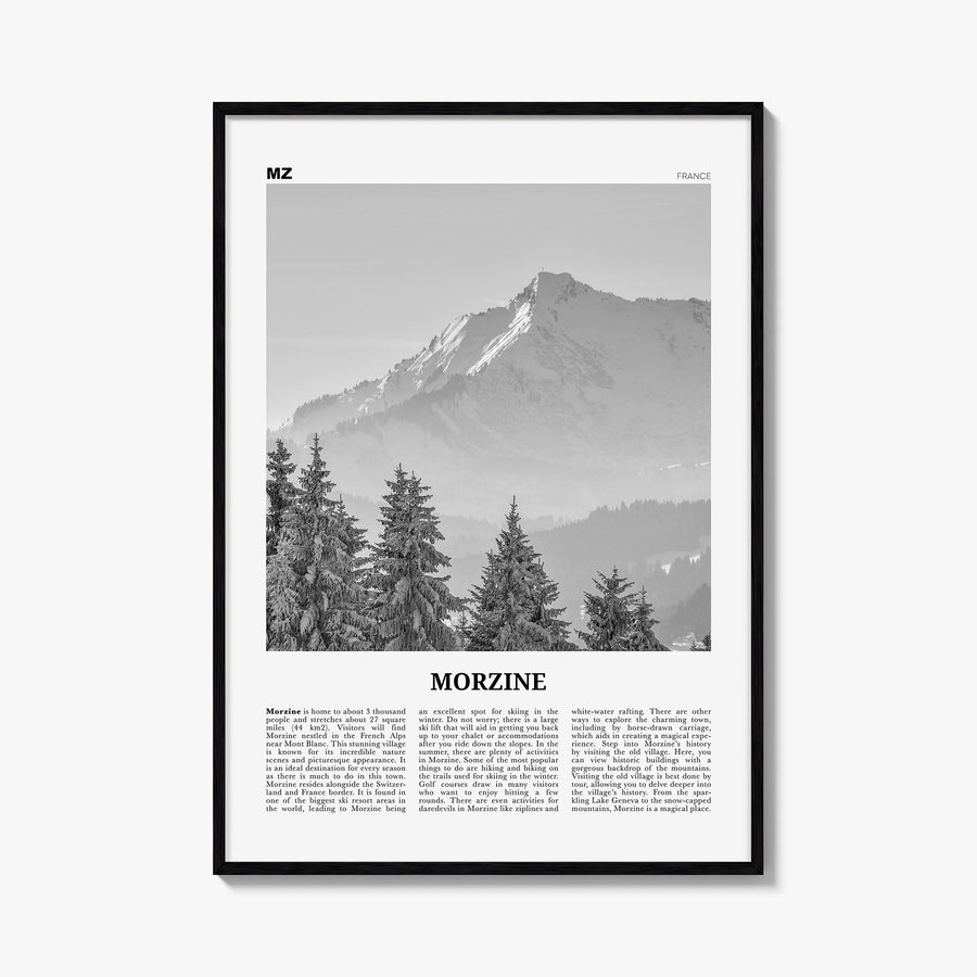 Morzine black & white newspaper poster of France – vertical wall art, unframed print shown in interior mockup