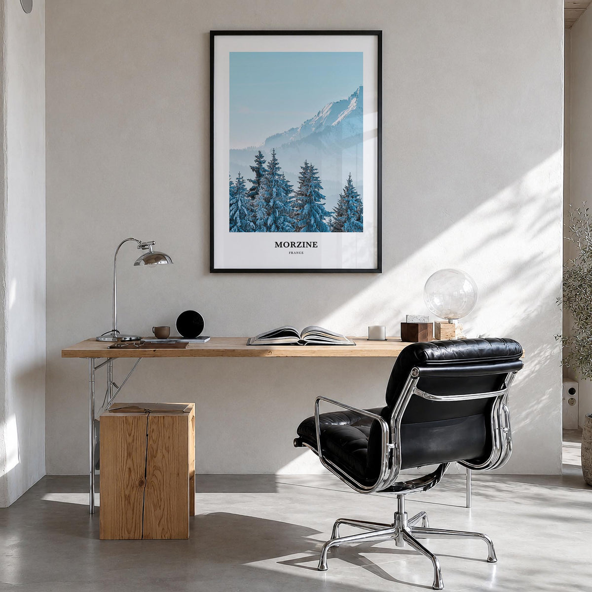 Morzine colorful classic poster of France – vertical wall art in black wood frame, hanging on wall