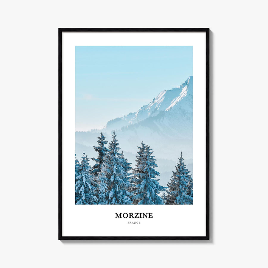 Morzine colorful classic poster of France – vertical wall art, unframed print shown in interior mockup