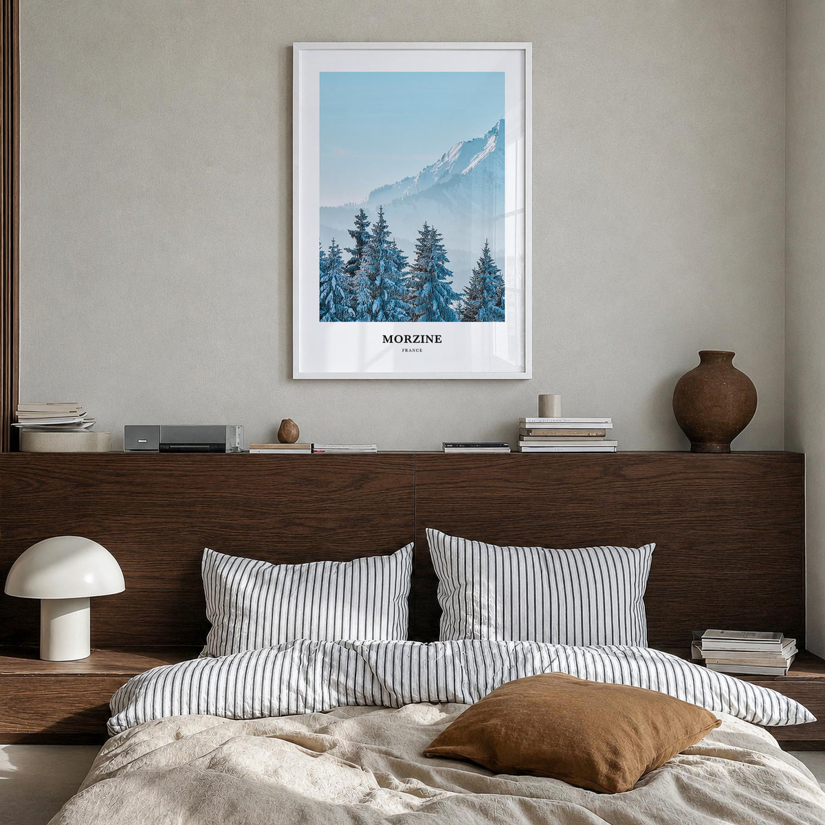 Morzine colorful classic poster of France – vertical wall art in white wood frame, hanging on wall