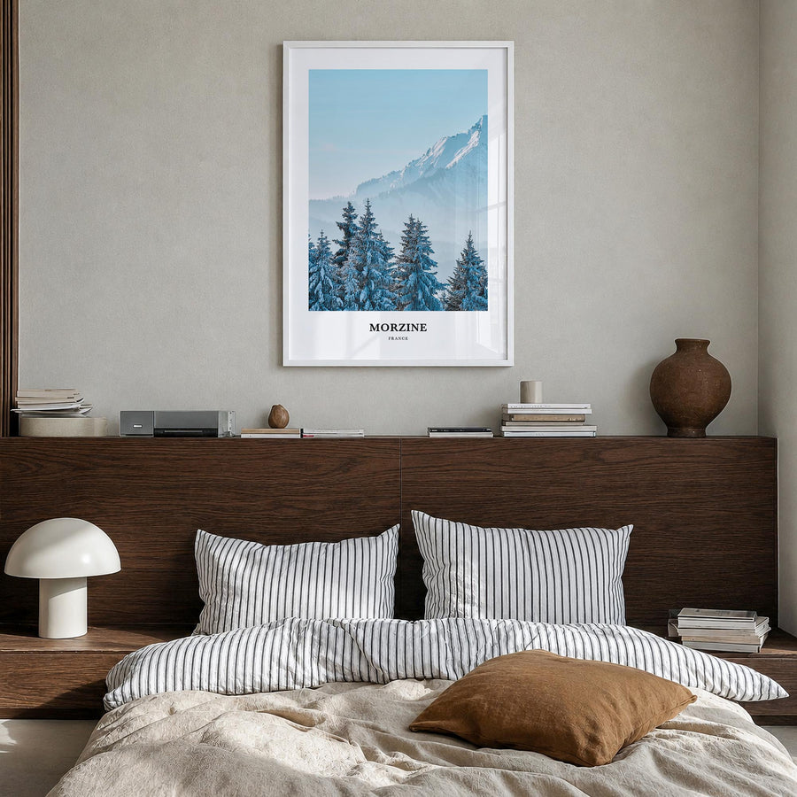 Morzine colorful classic poster of France – vertical wall art in white wood frame, hanging on wall
