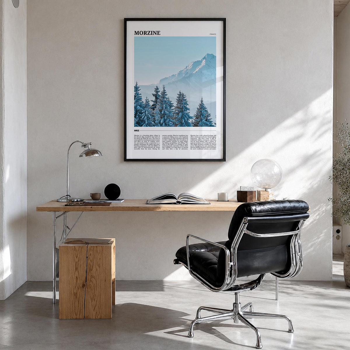 Morzine colorful travel poster of France – vertical wall art in black wood frame, hanging on wall