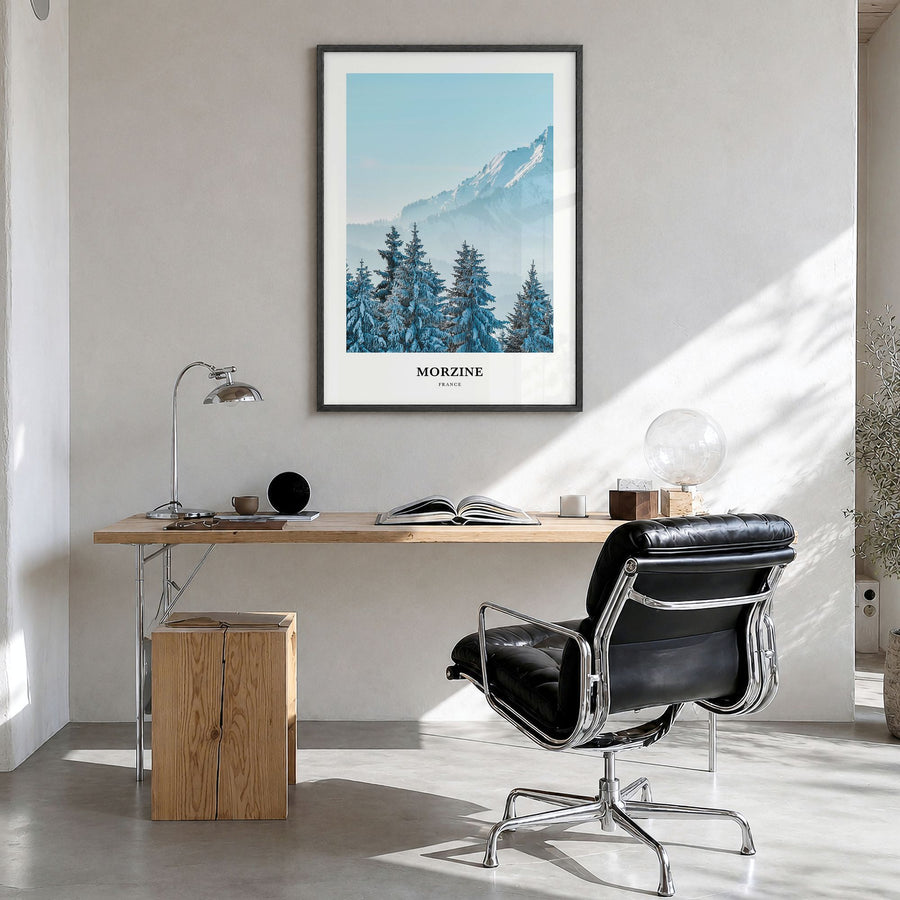 Morzine Classic Poster in a black wood frame, hanging in a bright home office