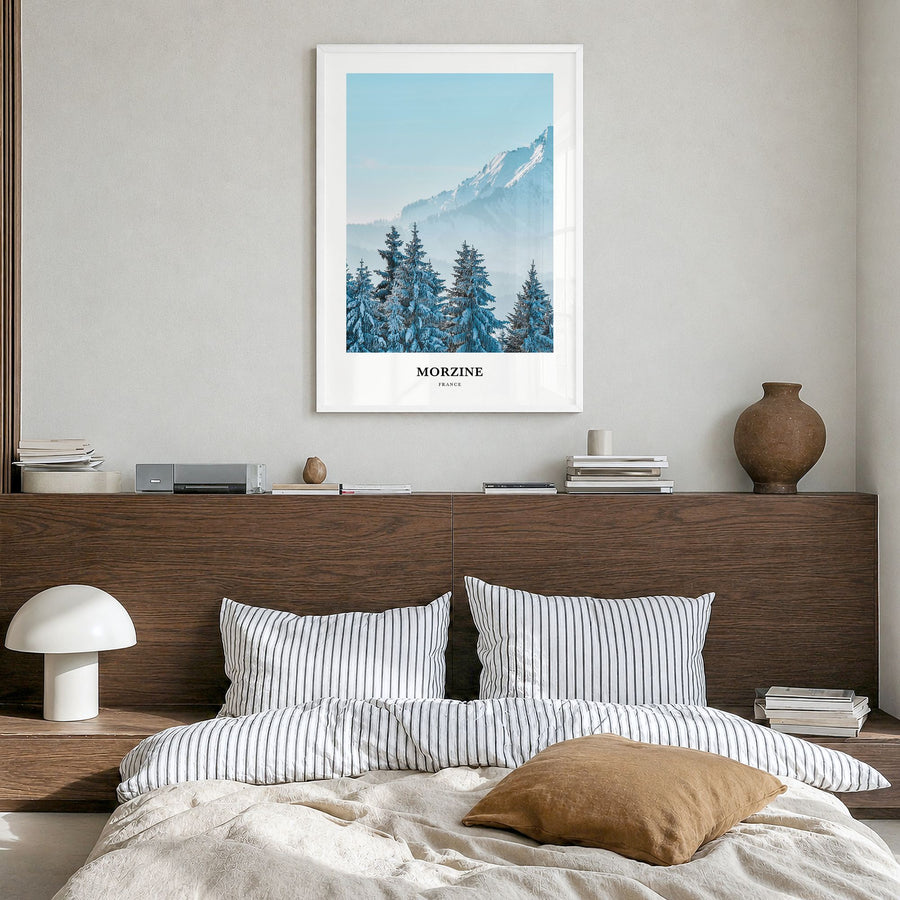 Morzine Classic Poster in a white wood frame, hanging in a bedroom