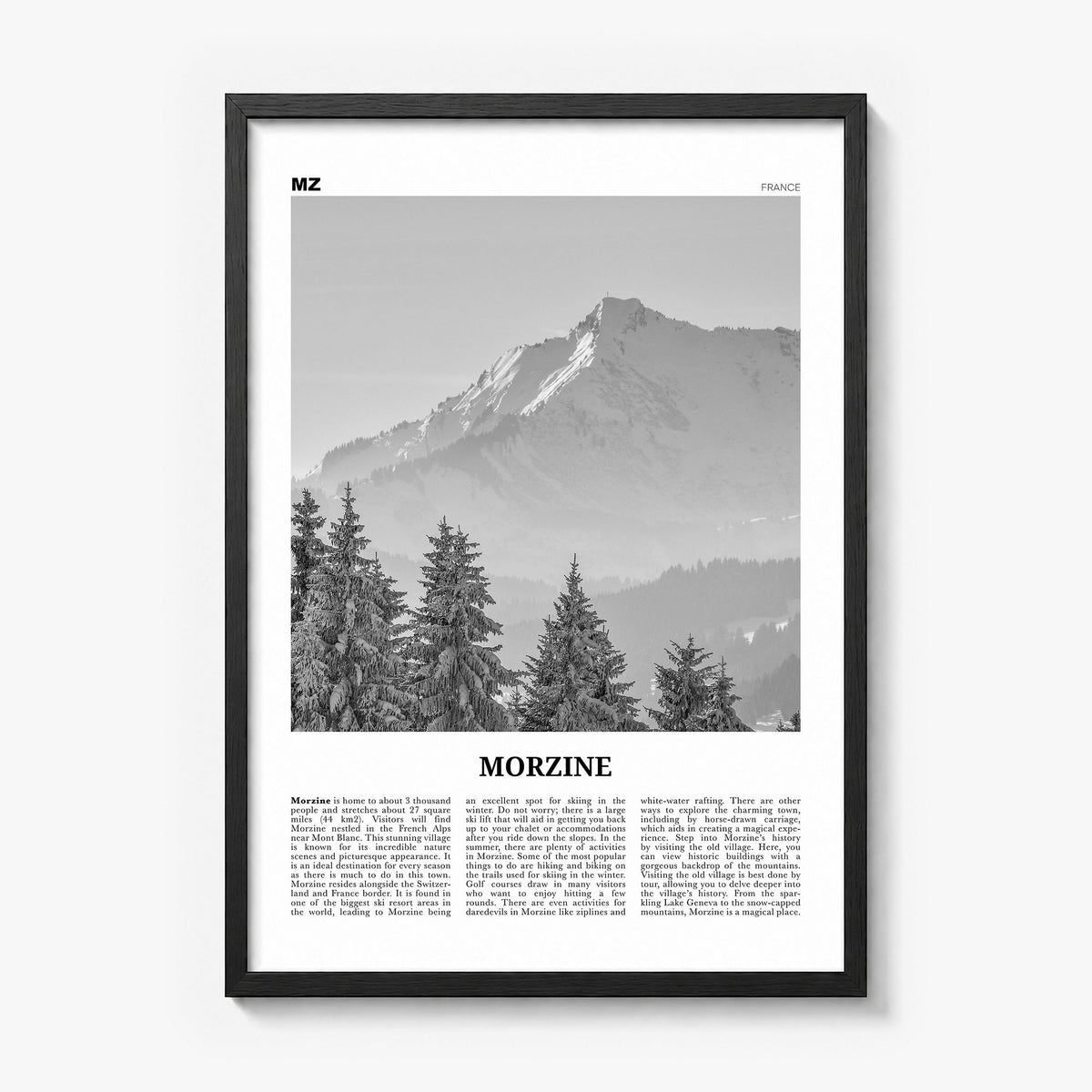 Morzine Newspaper Poster in a black wood frame