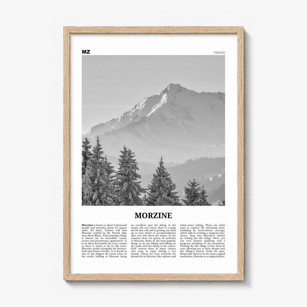 Morzine Newspaper Poster in a natural wood frame
