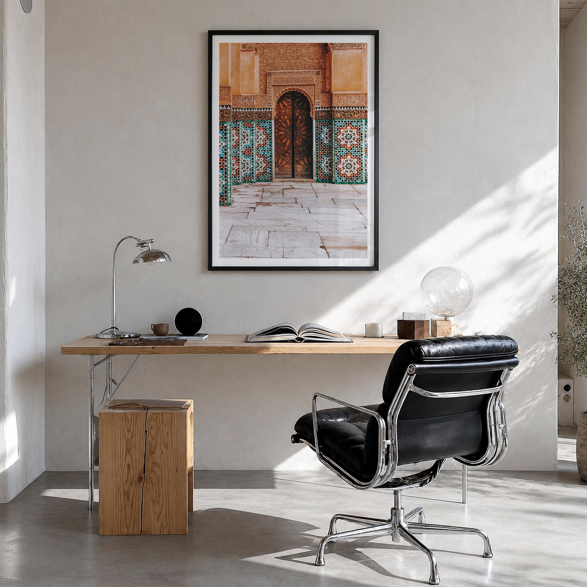 Mosaic Tiles colorful photo poster – vertical wall art in black wood frame with white border, hanging on wall