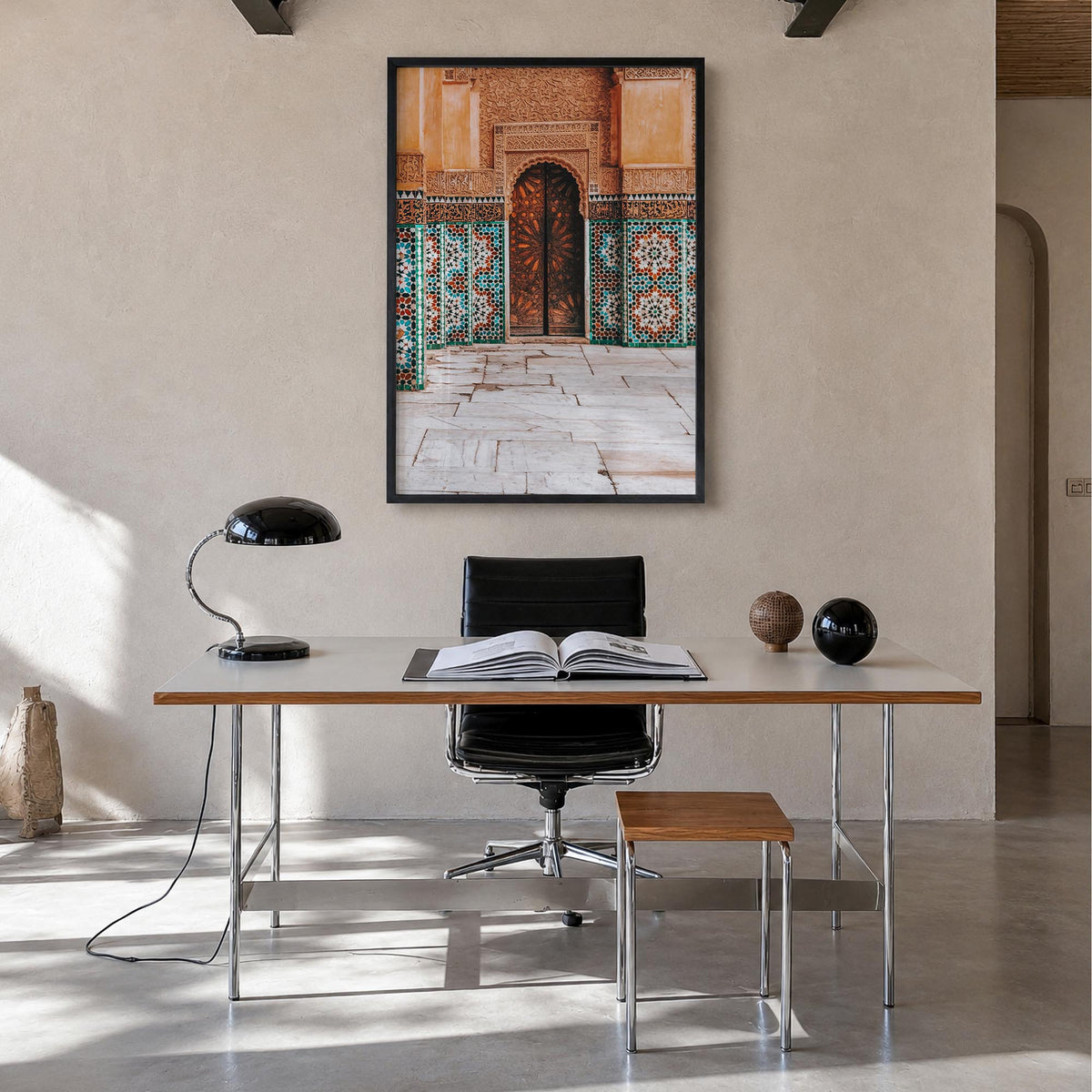 Mosaic Tiles colorful photo poster – vertical wall art in black wood frame, hanging on wall
