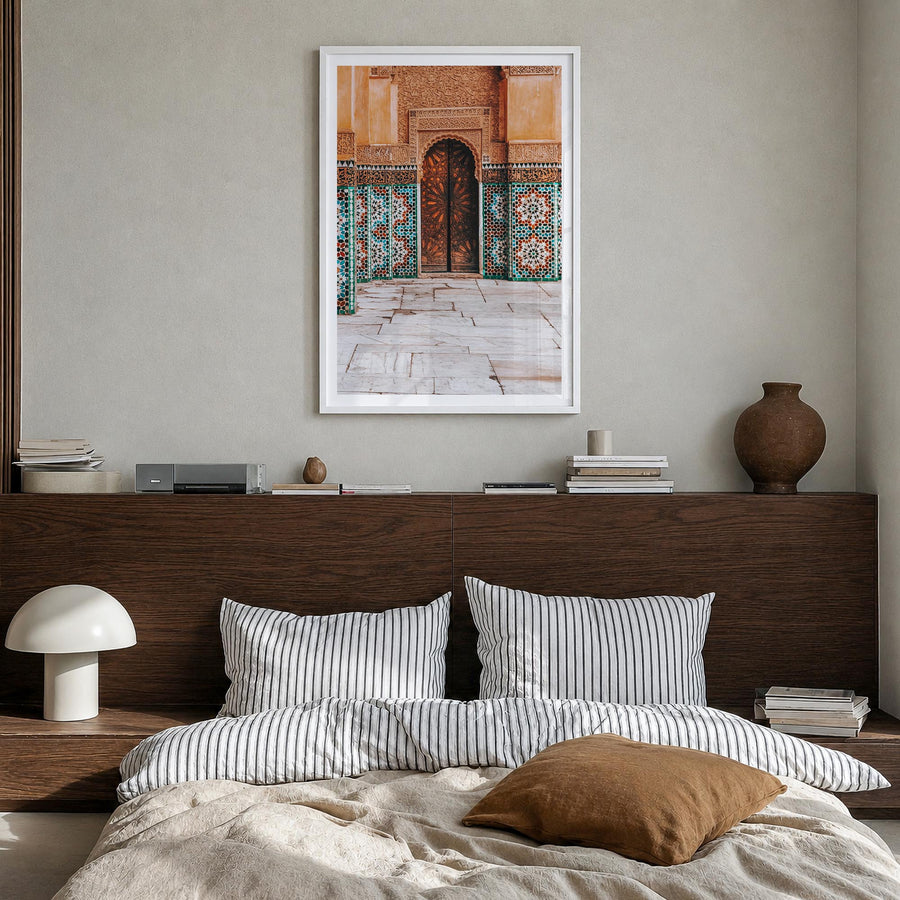 Mosaic Tiles colorful photo poster – vertical wall art in white wood frame with white border, hanging on wall