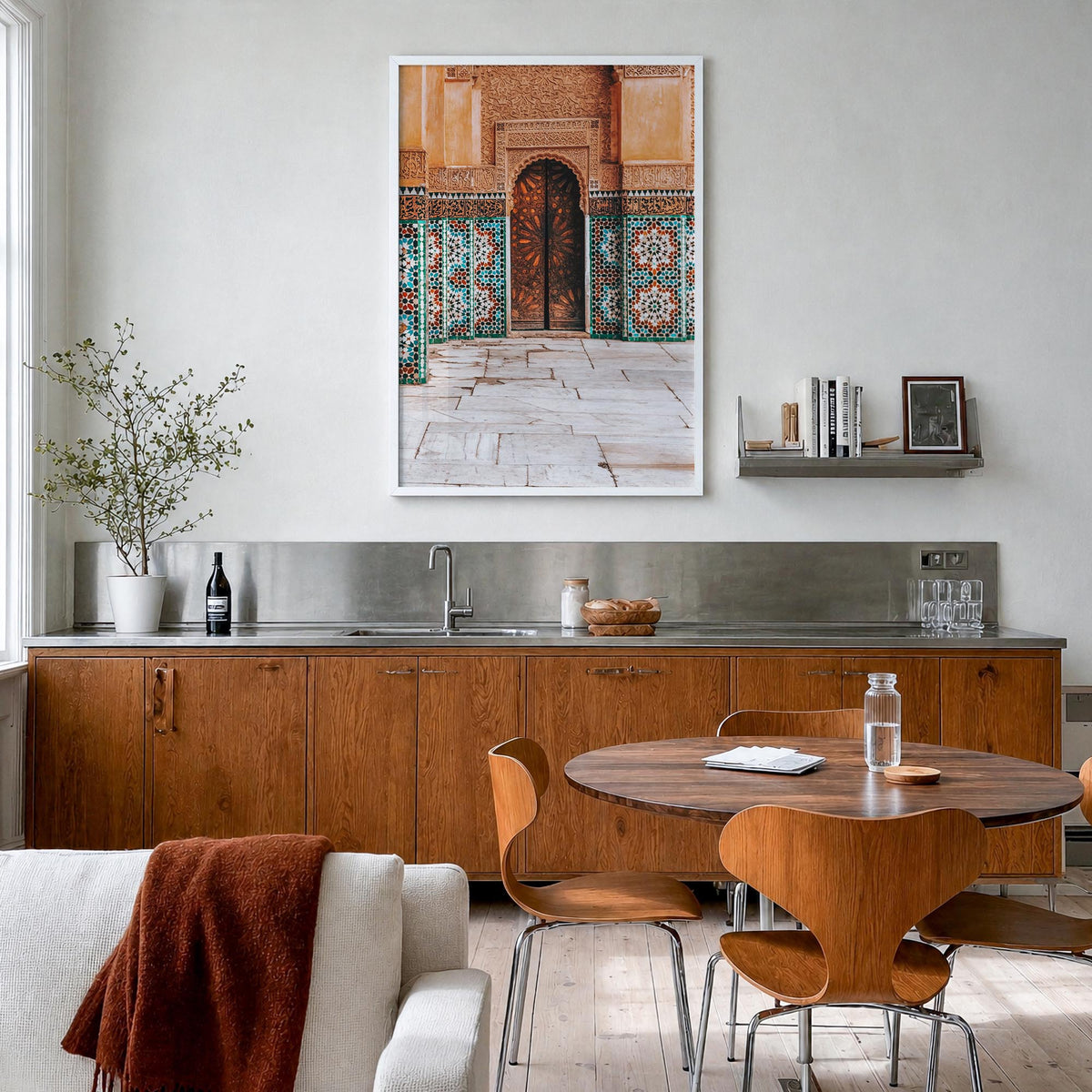 Mosaic Tiles colorful photo poster – vertical wall art in white wood frame, hanging on wall
