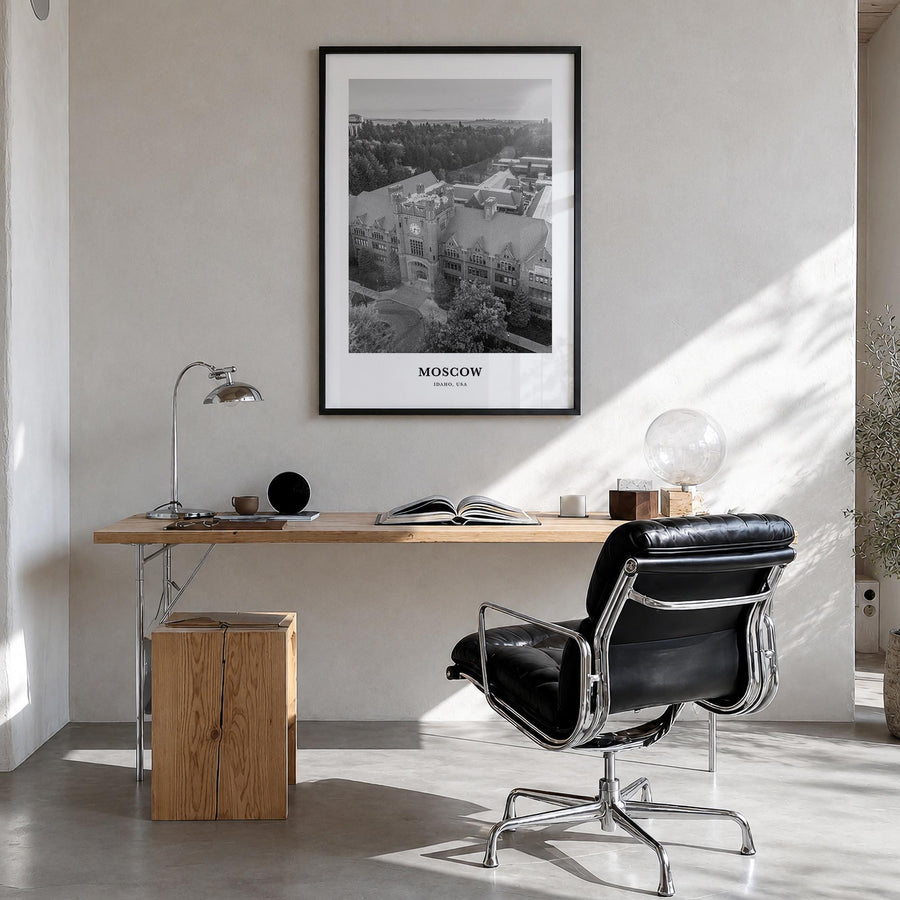 Moscow, Idaho black & white classic poster of Idaho, USA – vertical wall art in black wood frame, hanging on wall